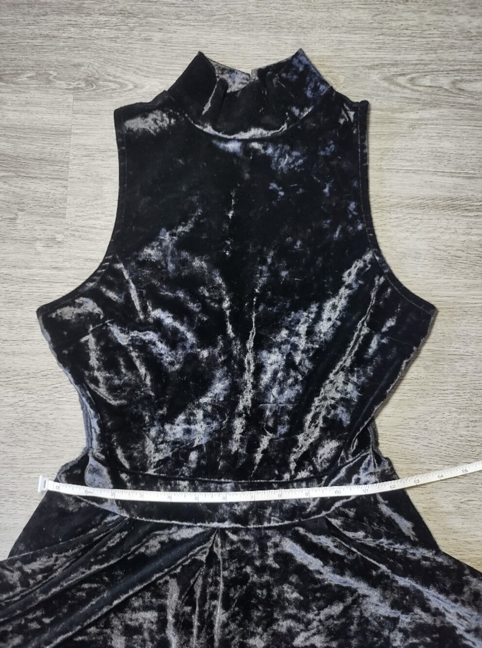Revamped Black Crushed Velvet Mock Neck Skater Romper Dress - Picture 11 of 12
